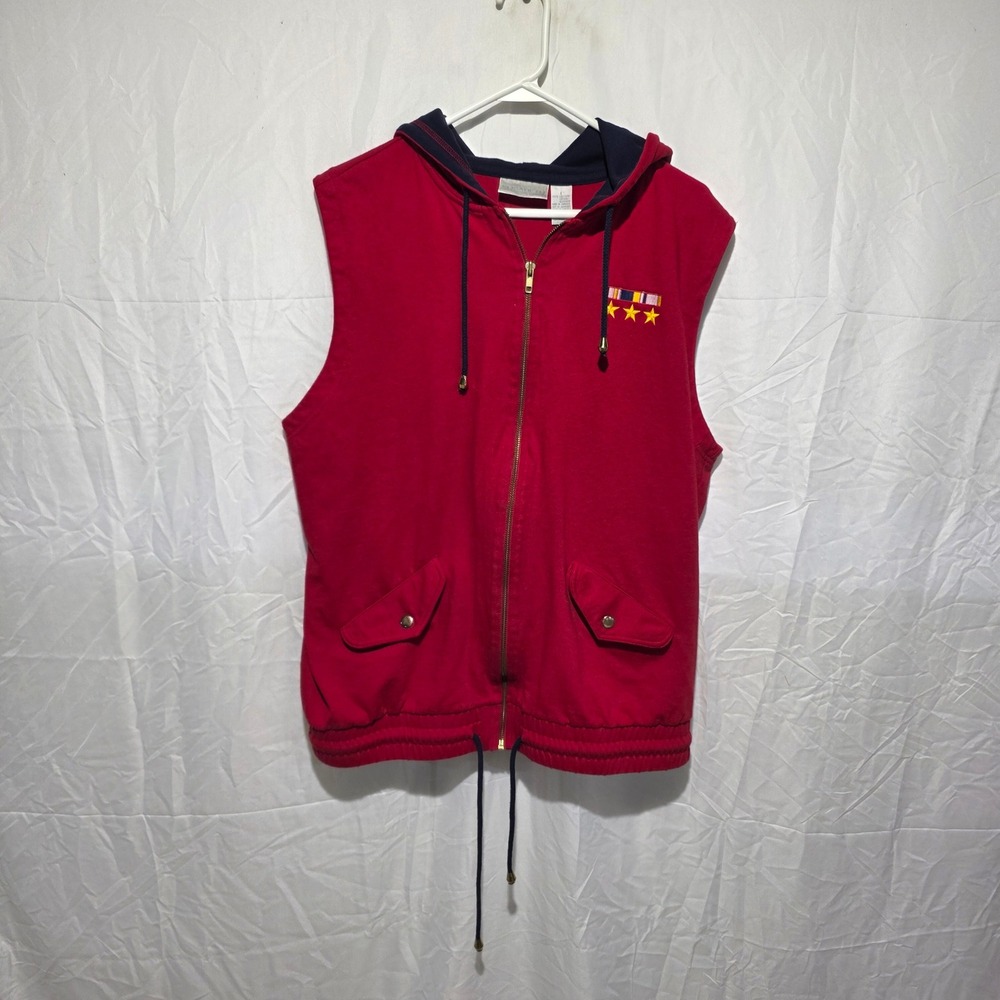 Elisabeth Liz Claiborne Red Sleeveless Hoodie Vest Full Zip Cotton Womens Size 1